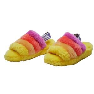 NEW UGG FLUFF YEAH SLIDES SLIPPERS SHEEPSKIN RAINBOW 1097169 WOMANS SIZE - 5